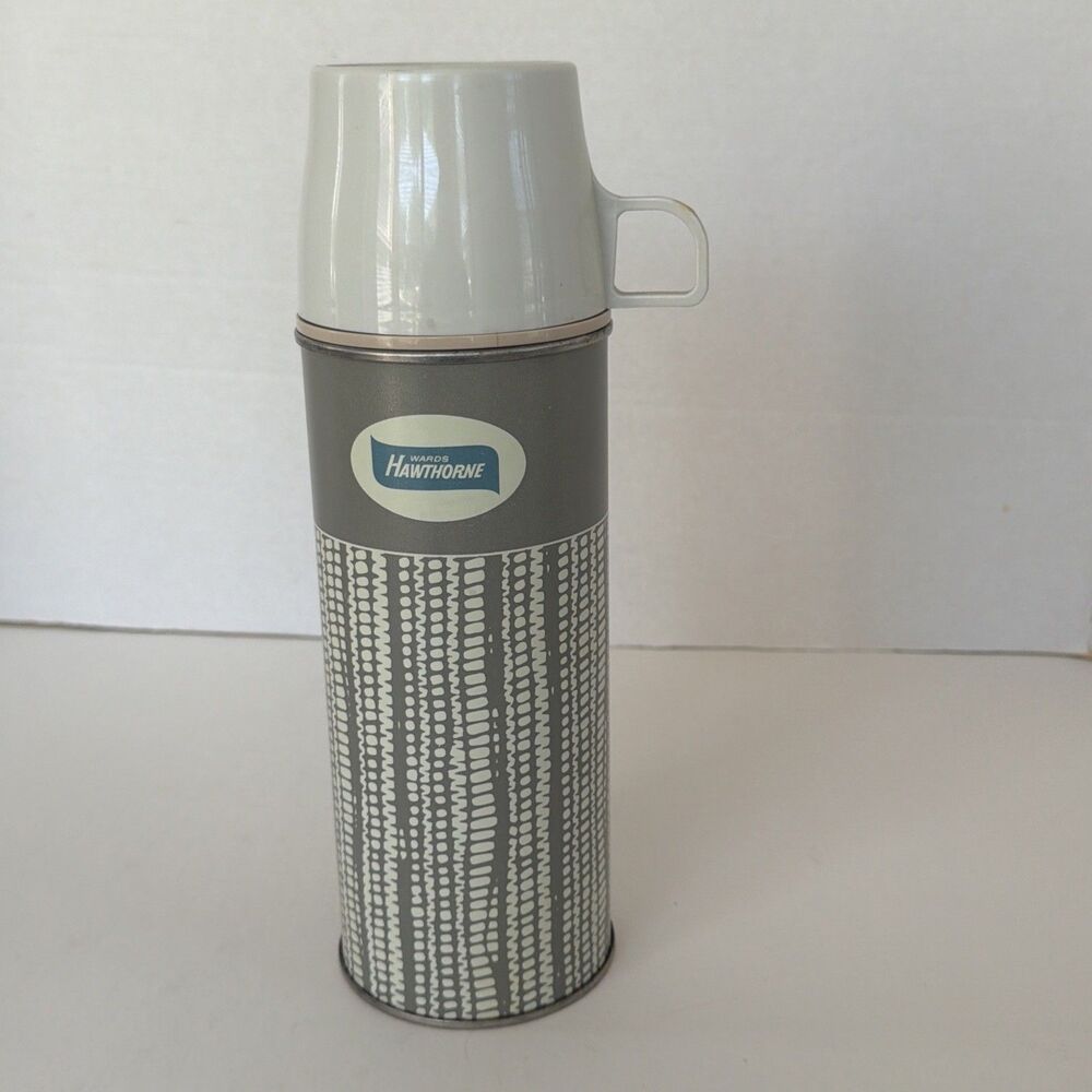 Vintage Wards Hawthorne Thermos Woven Textile Bark Pattern Atomic Geometric